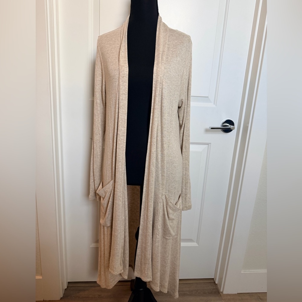 Bobeau Cream Long Open-Front Cardigan